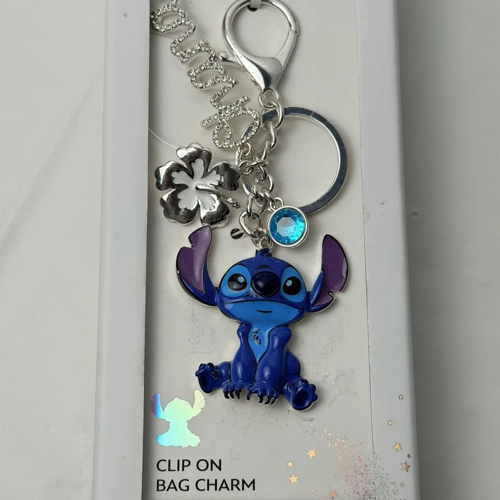 Disney Lilo & Stitch Ohana Enamel Bag Charm Keychain Silver Tone Blue Hibiscus